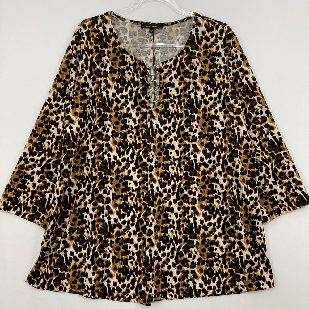 Ellen Weaver size 2X Black Brown Leopard Print Keyhole Stretch Knit Pullover Top